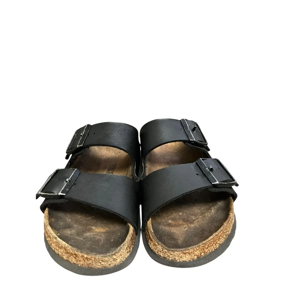 Birkenstock Arizona Black Leather Silver Buckle Comfort Slide Sandals  8-8.5 /39